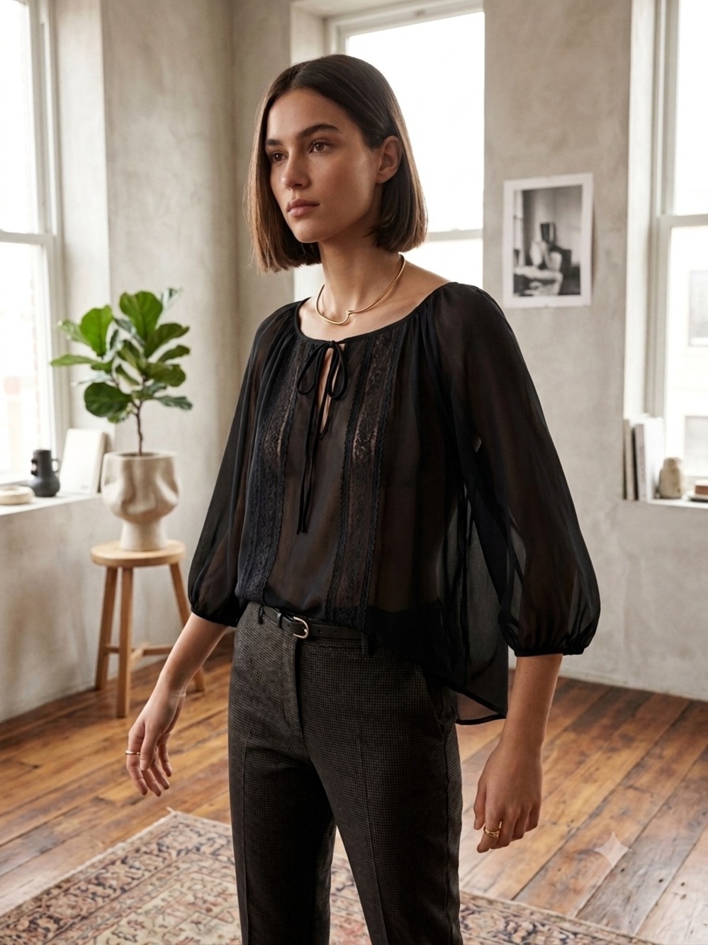 LC Lauren Conrad Sheer Black Tie-Front Blouse